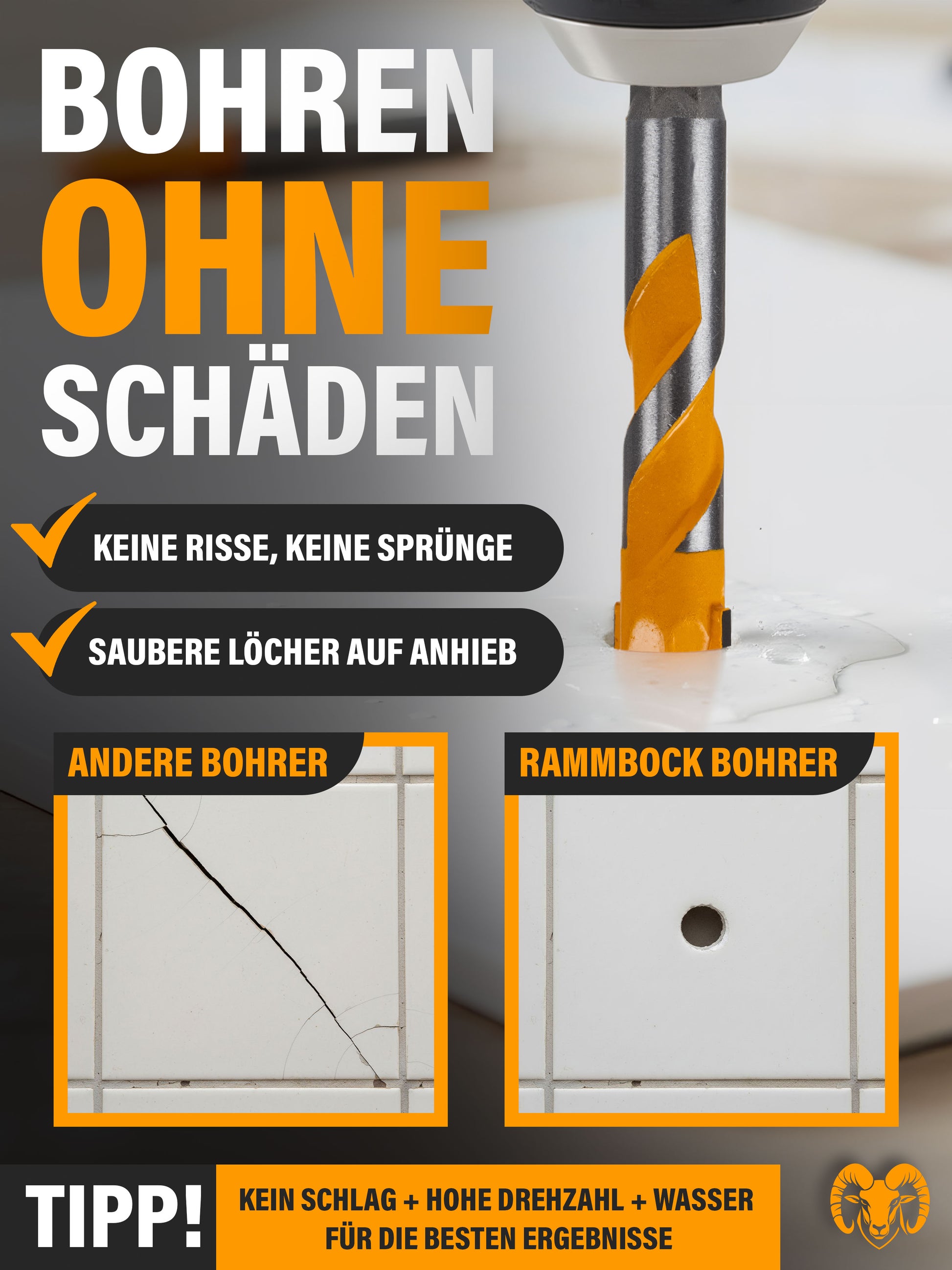 Bohren in Feinsteinzeug-Fliese mit Wasserkühlung sauberes Loch