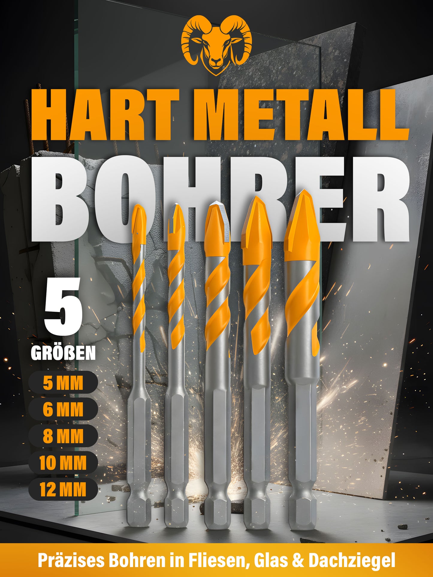 Bohrer-Set Größenübersicht 5 6 8 10 12 mm nebeneinander