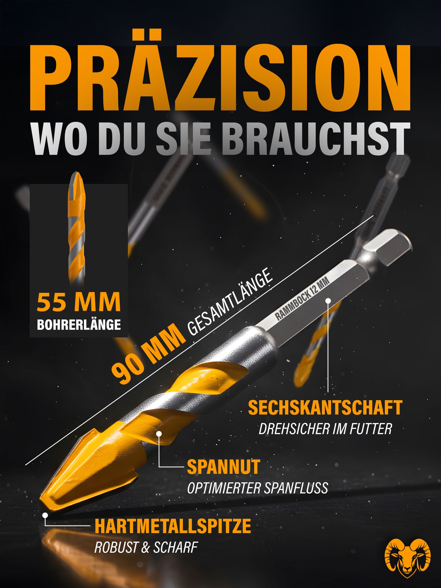 Aufbau und Maße des Bohrers mit Hartmetallspitze, Spannut und Sechskantschaft