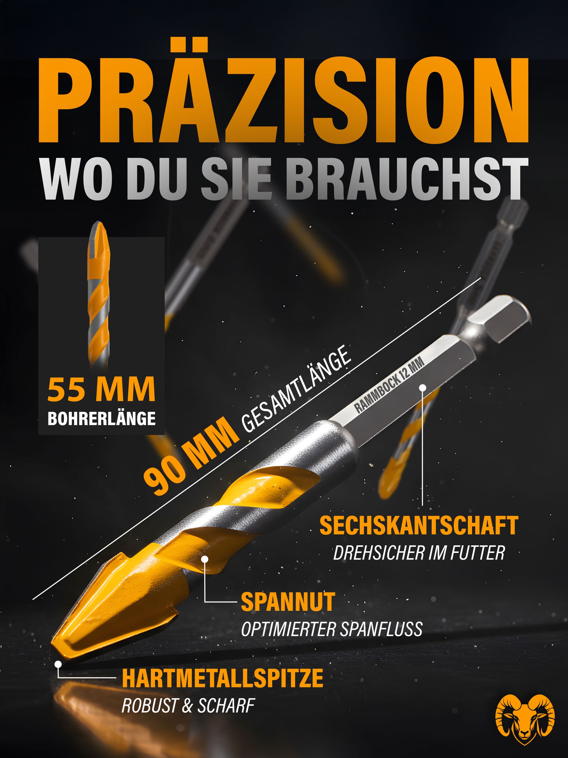 Aufbau und Maße des Bohrers mit Hartmetallspitze, Spannut und Sechskantschaft
