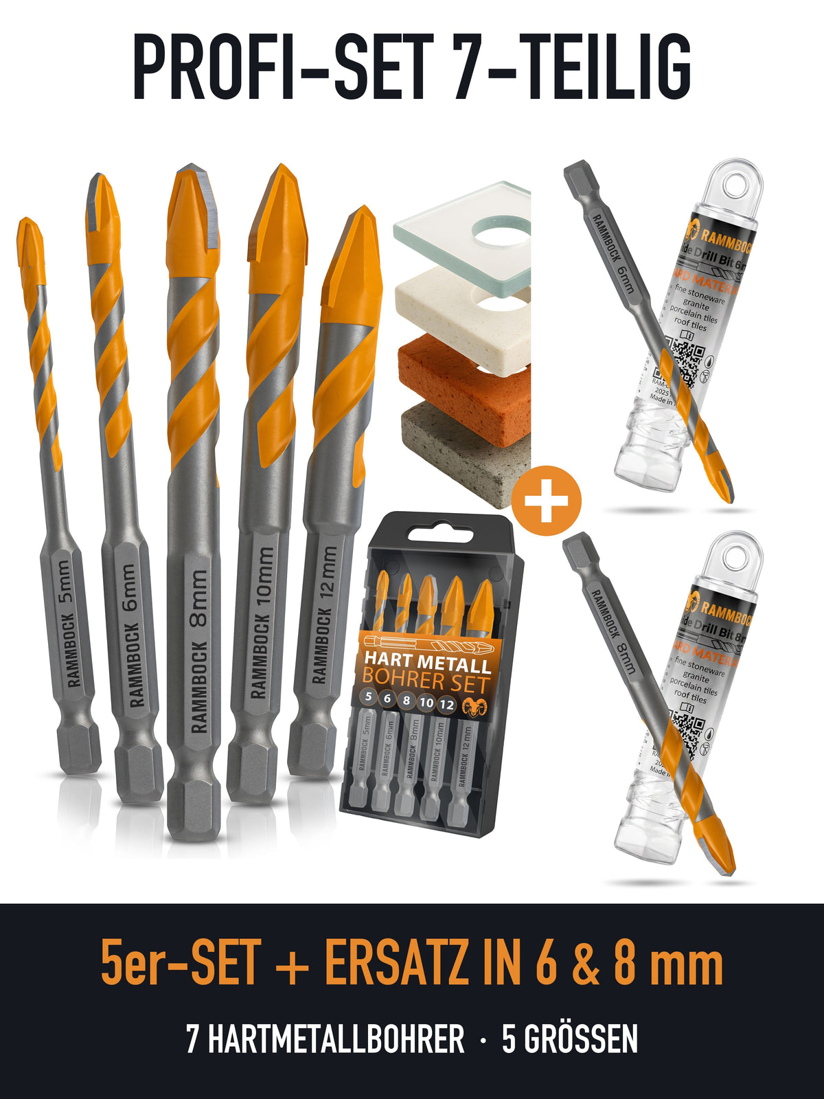 RAMMBOCK Profi-Set 7-teilig: Keramikbohrer-Set 5 bis 12 mm plus Ersatzbohrer 6 mm und 8 mm